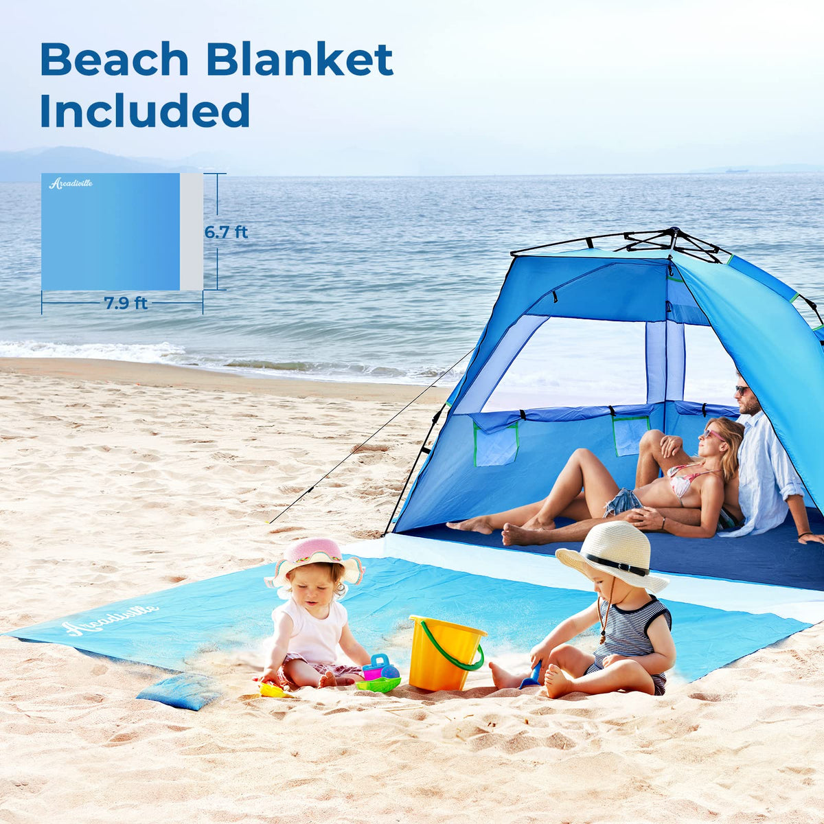 ArcadiVille Pop up Beach Tent, Anti-UV Sun Shelter 4 Person Tent for Beach UPF 50+, Portable Lightweight Beach Shade Canopy Sun Tent w/Extended Floor, Guylines & Stakes, 3 Ventilated Windows (Blue)