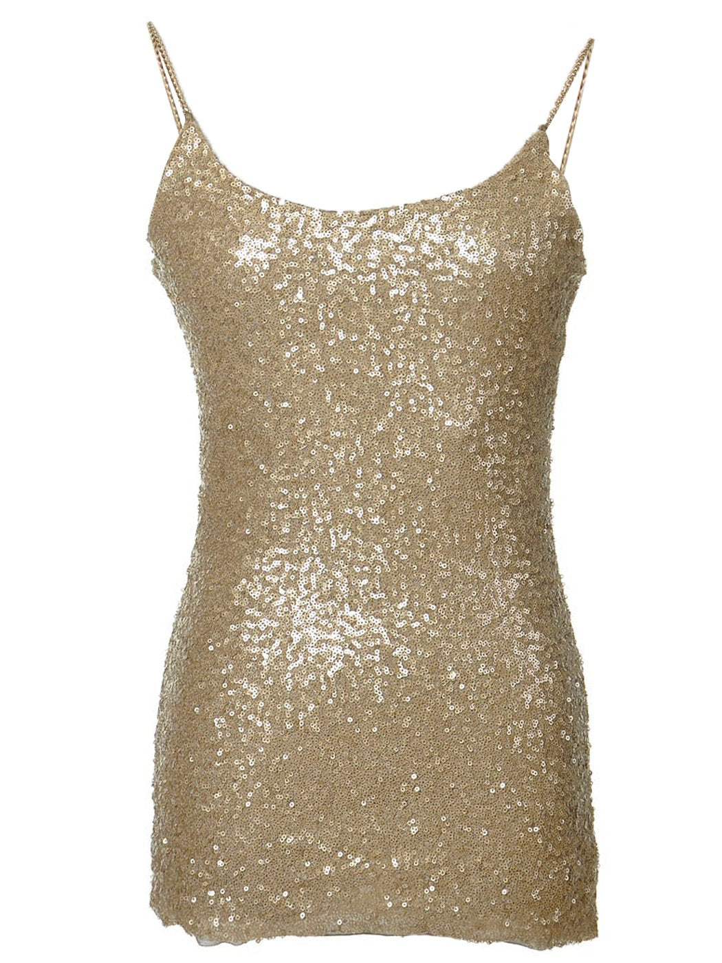 Anna-Kaci Womens Glitzy All Over Sequin Chain Straps Slim Spaghetti Tank Top, Gold, Medium