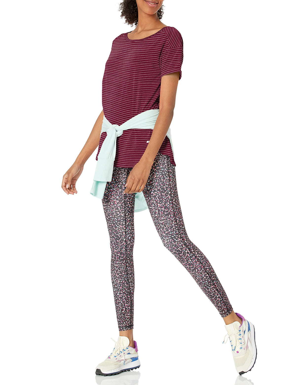 Amazon Essentials Women's Studio Relaxed-Fit Lightweight Crewneck T-Shirt (Available in Plus Size), Burgundy Stripe, Small