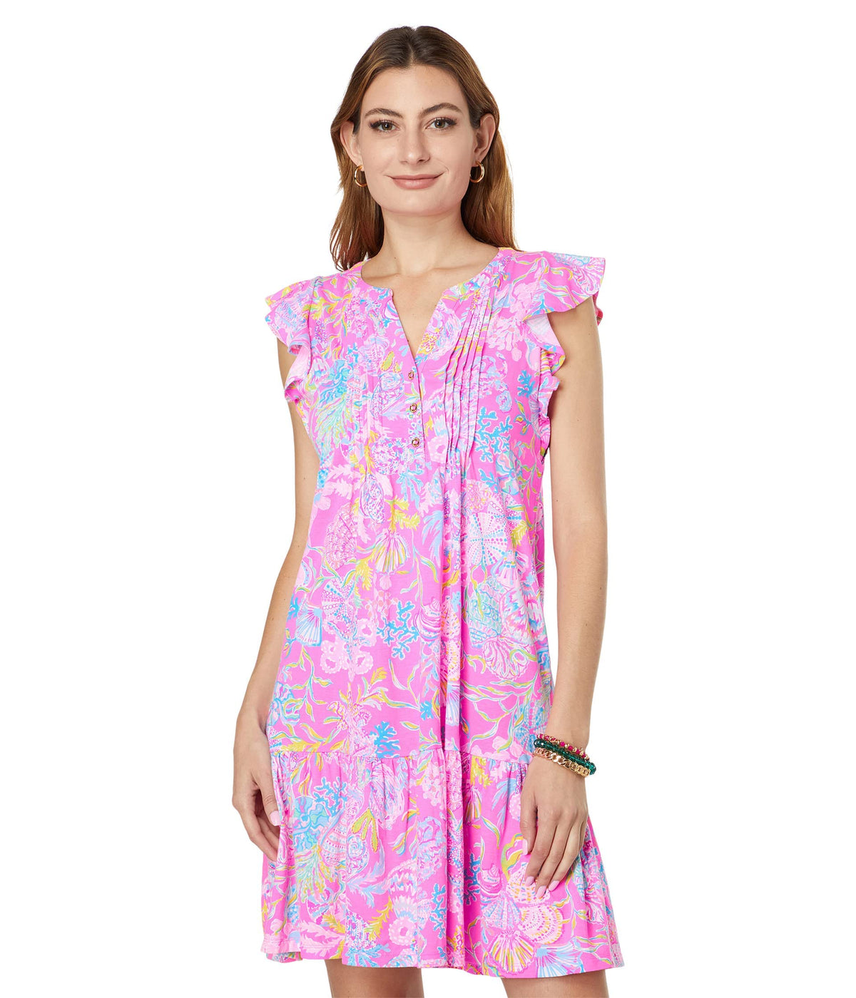 Lilly Pulitzer Golda Flutter Sleeve Dress Pink Isle Shell Me Something Good LG