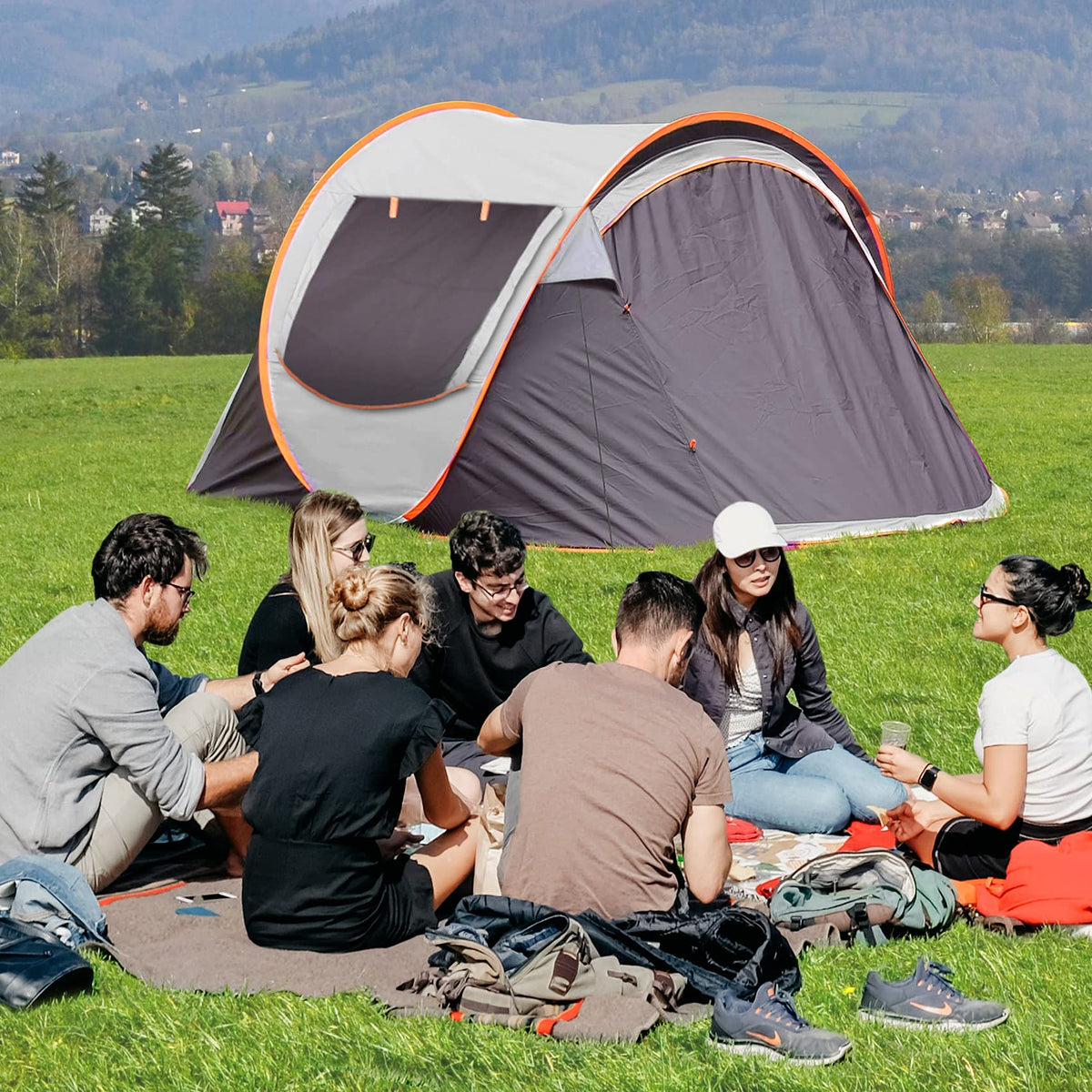 FLYVER Pop up Camping Tents, Upgraded 3-8 Person Double Layer Family Dome Tent, Waterproof Automatic Instant Tent with Doors Windows for Backpacking Hiking Beach