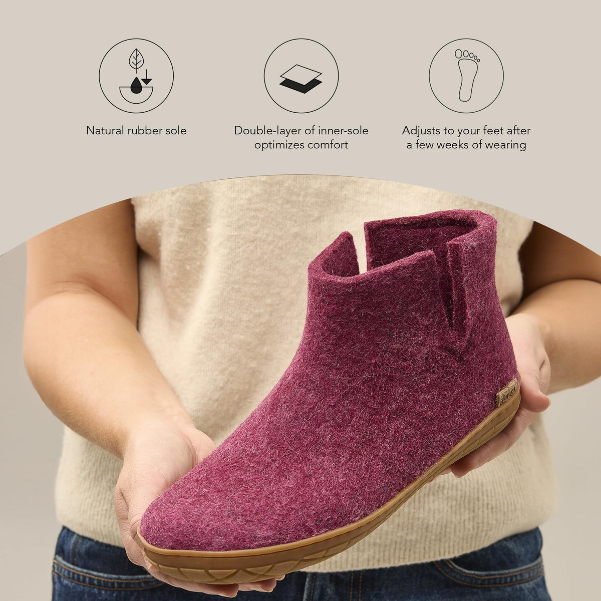 Glerups 100% quality wool mix Boot Slipper with rubber sole - Unisex - Cranberry - Size 6