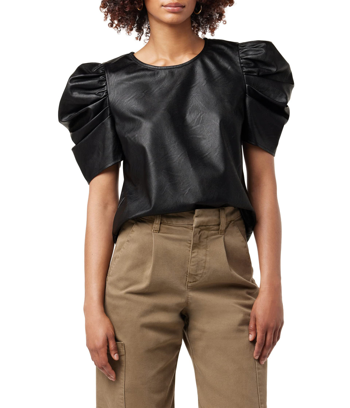 Joe's Jeans Kira Vegan Leather Puff Sleeve Top Small Black
