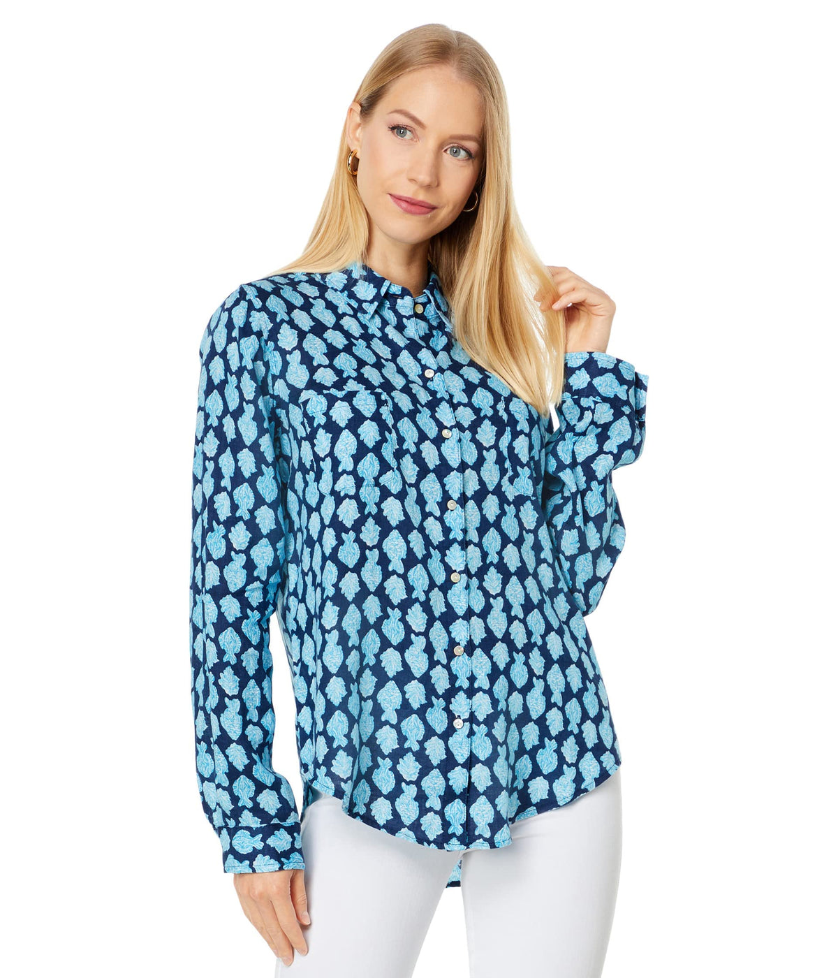 Lilly Pulitzer Sea View Button Down Low Tide Navy Any Fin for You XXS