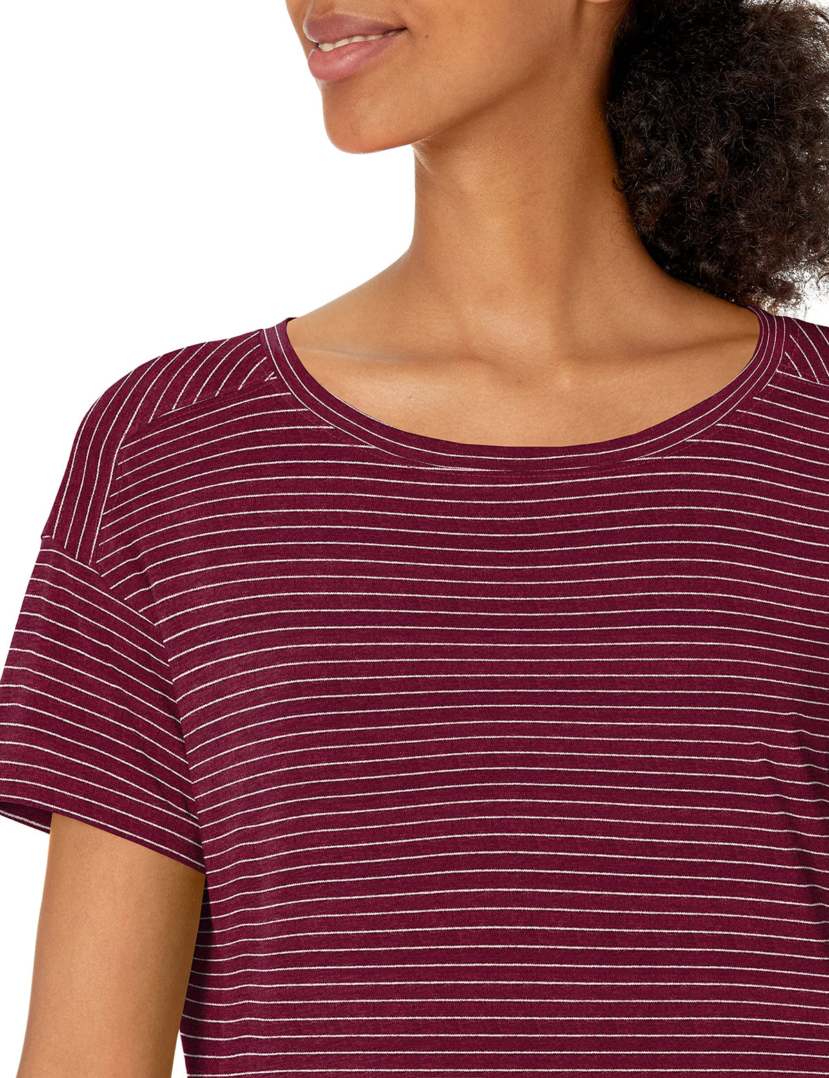 Amazon Essentials Women's Studio Relaxed-Fit Lightweight Crewneck T-Shirt (Available in Plus Size), Burgundy Stripe, Small