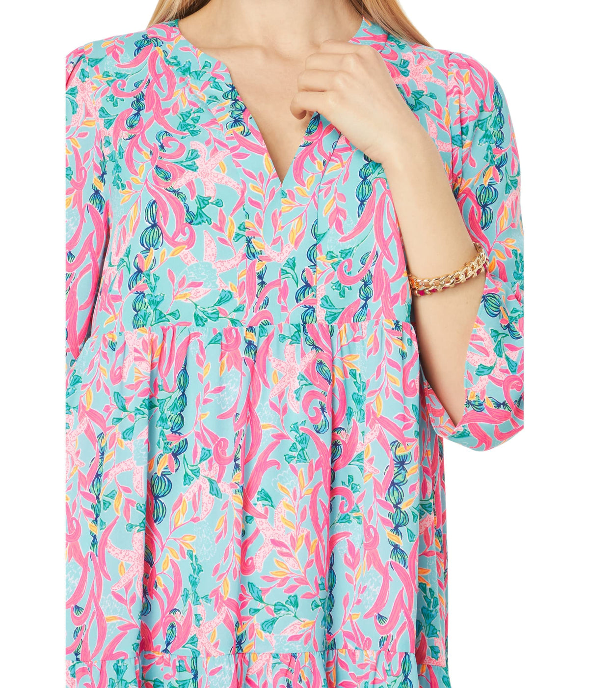 Lilly Pulitzer 3/4 Sleeve Martine Quarter Sleeves Dress for Women with Pullover Style, Split Neckline, and Allover Floral Print Multi Seaweed Samba MD One Size