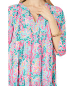 Lilly Pulitzer 3/4 Sleeve Martine Quarter Sleeves Dress for Women with Pullover Style, Split Neckline, and Allover Floral Print Multi Seaweed Samba MD One Size