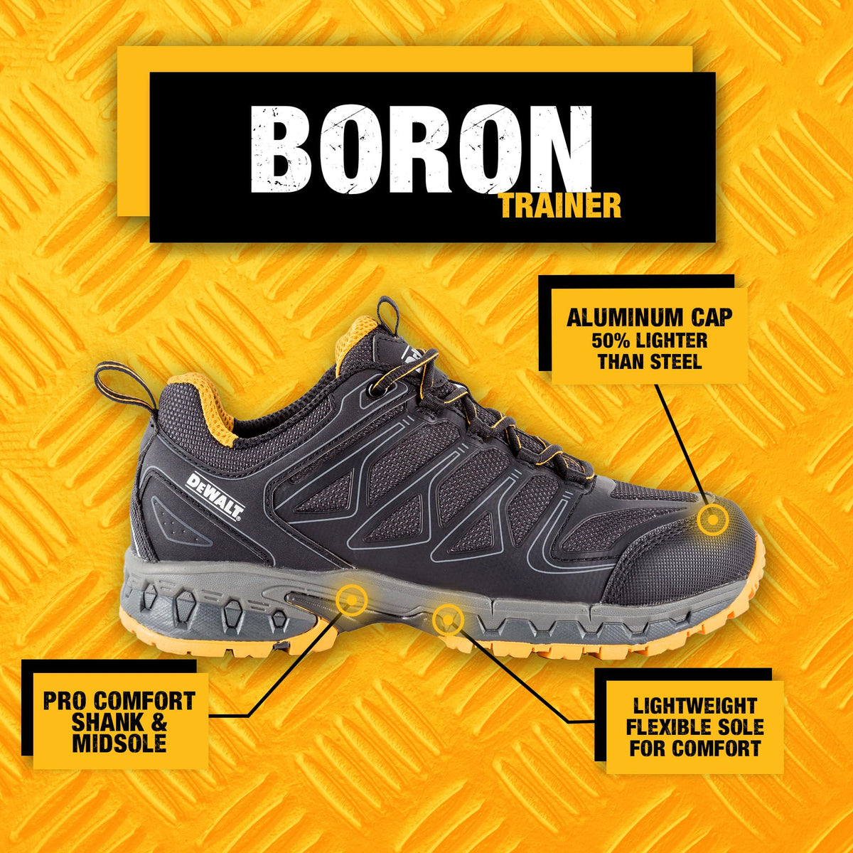DEWALT Boron Men's Lightweight, Aluminum Toe, Safety Work Shoes, Black/Yellow, 9