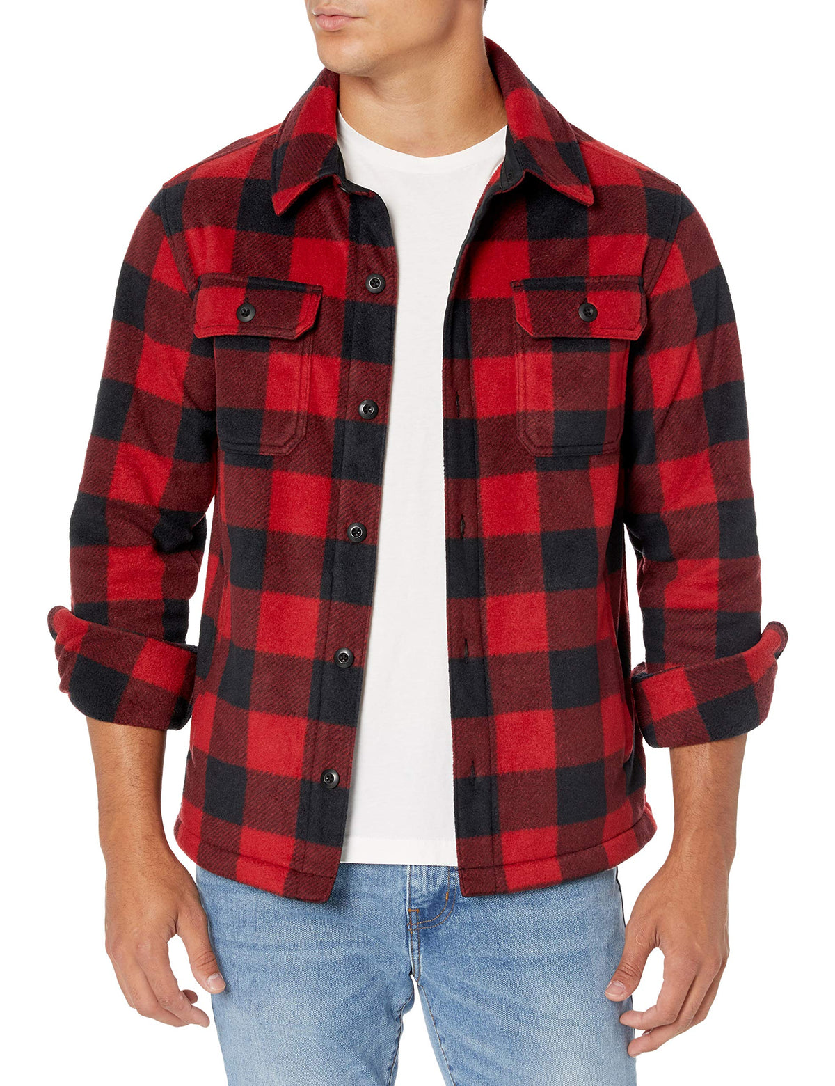 Amazon Essentials Men's Long-Sleeve Polar Fleece Shirt Jacket for Winter, Red Buffalo Check, Medium