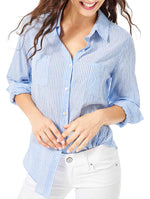 Lilly Pulitzer Sea View Button-Down Shirt for Women - Easy Fit - Long Sleeve - Roomy Fit - Linen Fabric Coastal Blue Stripe MD One Size