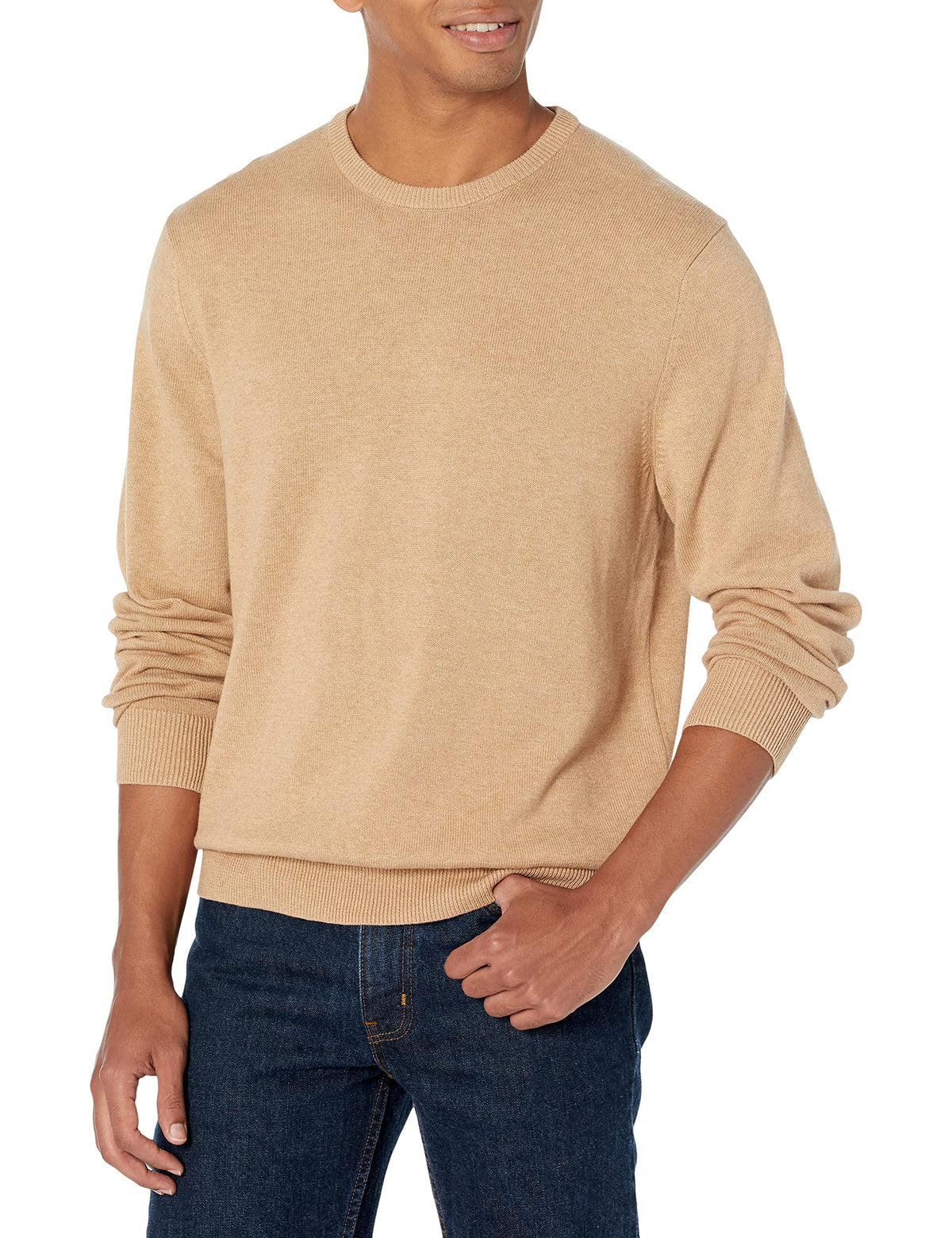 Amazon Essentials Men's Long-Sleeve Crewneck Sweater, 100% Cotton, Big & Tall Options Available, Camel Heather, XX-Large