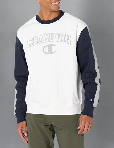Champion Fleece Crewneck Woven Pullover, Men’s Logo Sweatshirt, White/Navy/Dull Grey, Medium
