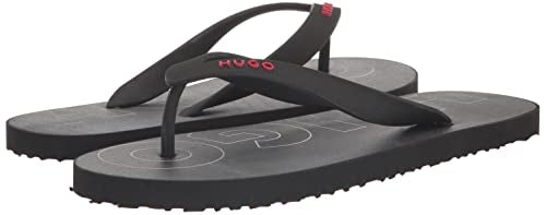 HUGO Mens Bold Logo Denim Print Flip-Flop, Charcoal Denim, 12 US
