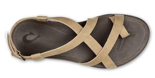 OLUKAI Upena Women's Beach Sandal, Crisscrossed Adjustable Leather Straps for All Day Comfort, Cute & Casual Everyday Style, Golden Sand/Golden Sand, 6