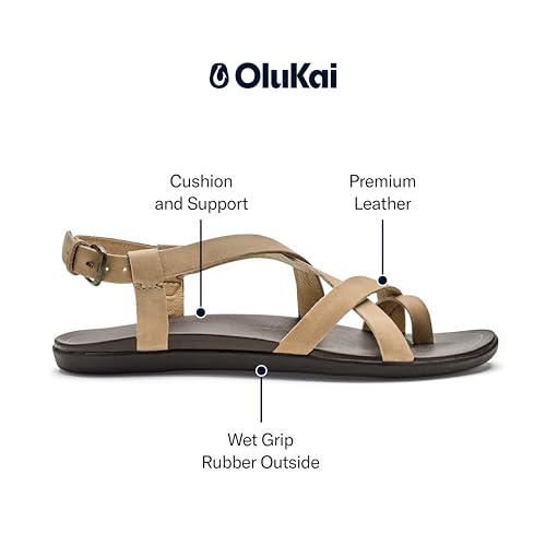 OLUKAI Upena Women's Beach Sandal, Crisscrossed Adjustable Leather Straps for All Day Comfort, Cute & Casual Everyday Style, Golden Sand/Golden Sand, 6