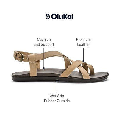 OLUKAI Upena Women's Beach Sandal, Crisscrossed Adjustable Leather Straps for All Day Comfort, Cute & Casual Everyday Style, Golden Sand/Golden Sand, 6