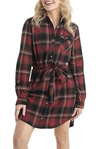 Legendary Whitetails Women's Open Spaces Dress, Flannel Long Sleeve Button Up Tunic with Belt, Forest Plaid, Small