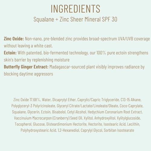 Biossance Squalane + Zinc Sheer Mineral Sunscreen. Broad-Spectrum SPF 30 PA+++ Zinc Oxide Sunscreen That Protects and Hydrates Sensitive Skin. Lightweight, Non-Greasy and Reef-Safe (1.7 ounces)