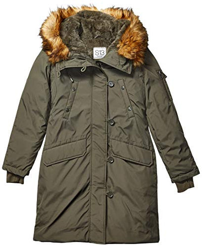 S13 Women's Luxe Alaska Long Down Parka with Faux Fur Hood, army/ natural, Small