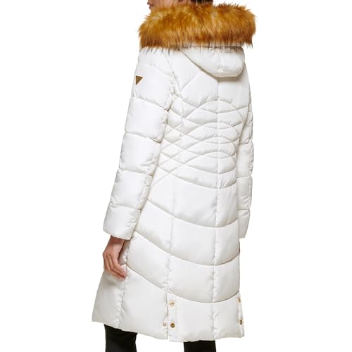 GUESS Women's Midweight Puffer Jacket, Faux Fur Hooded MIK, Large