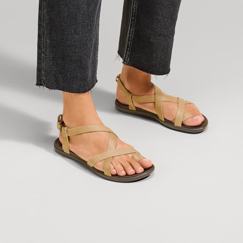 OLUKAI Upena Women's Beach Sandal, Crisscrossed Adjustable Leather Straps for All Day Comfort, Cute & Casual Everyday Style, Golden Sand/Golden Sand, 6