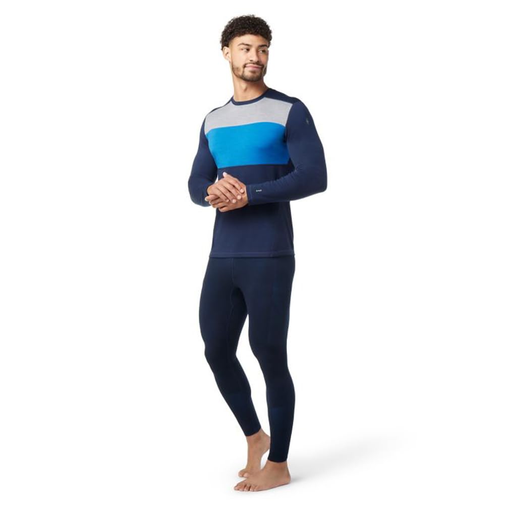 Smartwool Men's Classic Thermal Merino Wool Base Layer — Colorblock Crew (Slim Fit), Deep Navy-Laguna Blue, Large