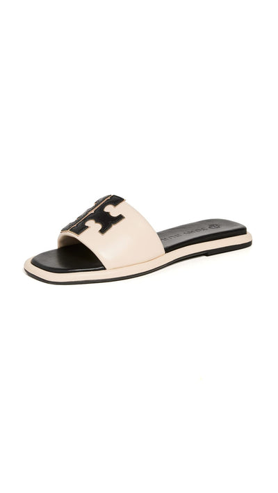 Tory Burch Women's Double T Sport Slides, New Cream/Perfect Black/Gold, 11 Medium US