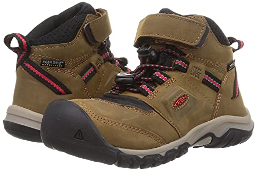 KEEN Ridge Flex Mid Height Waterproof Leather Hiking Boots, Bison/Red Carpet, 4 US Unisex Big Kid