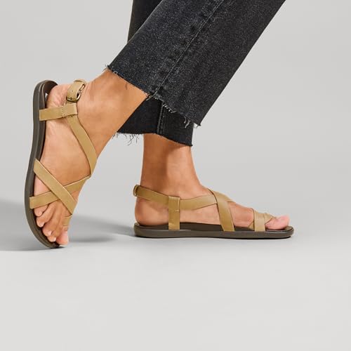 OLUKAI Upena Women's Beach Sandal, Crisscrossed Adjustable Leather Straps for All Day Comfort, Cute & Casual Everyday Style, Golden Sand/Golden Sand, 6