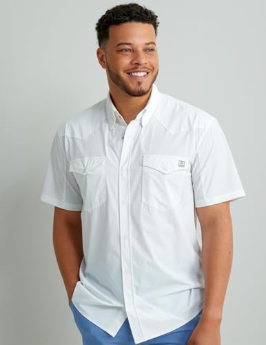 HUK Men's Standard Diamond Back Solid Short Sleeve Button, Fishing Shirt, White
