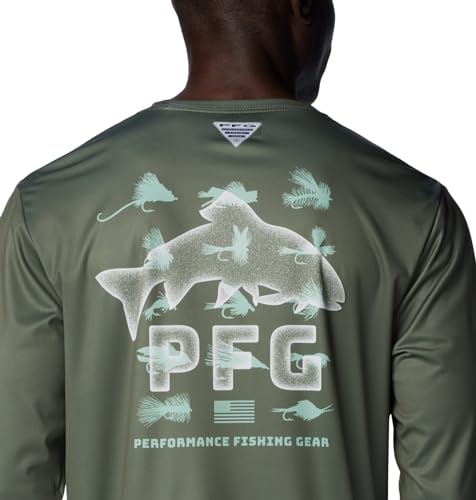 Columbia Men's Terminal Tackle PFG Bait Jumper Long Sleeve, Cypress/New Mint Bait Jumper Fresh, X-Small