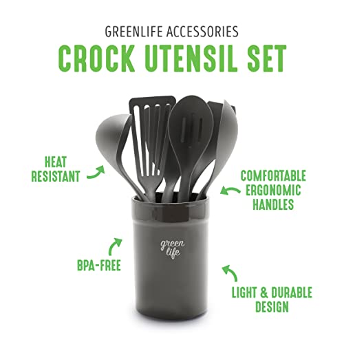 GreenLife Cooking Tools and Utensils, 7 Piece Nylon and Wood Kitchen Set with Ceramic Crock Holder, Heat Resistant Spatula and Spoons, BPA-Free, Black