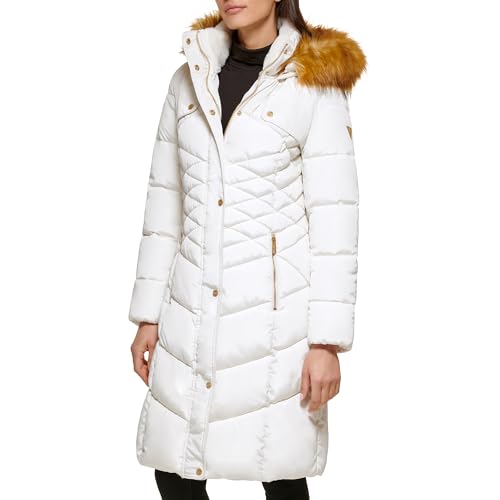 GUESS Women's Midweight Puffer Jacket, Faux Fur Hooded MIK, Large