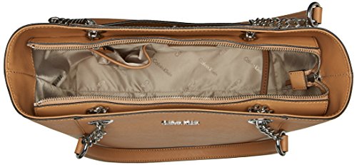 Calvin Klein Hayden Saffiano Leather East/West Top Zip Chain Tote, Buff