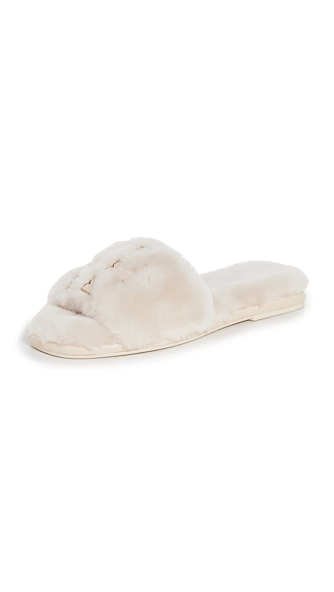 Tory Burch Women's Double T Shearling Slides, Natural/Dulce De Leche/Gold, 10 Medium US