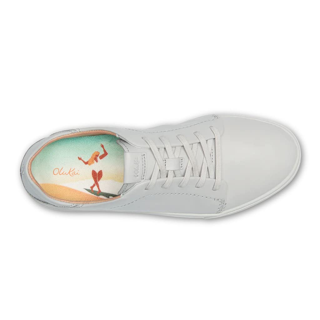 OLUKAI Pehuea Li 'ILI Women's Leather Sneaker, Casual Everyday Shoes with Drop-in Heel, Non-Marking Rubber Outsole, All-Day Comfort Fit 7 Mist Grey/Mist Grey