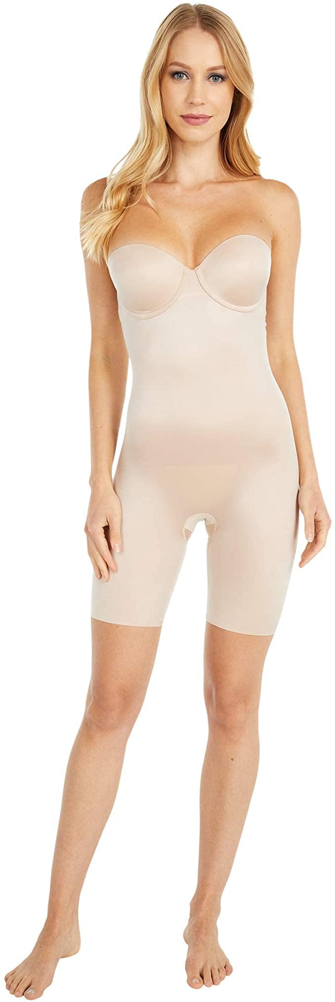 SPANX Suit Your Fancy Strapless Cupped Mid-Thigh Bodysuit Champagne Beige XS