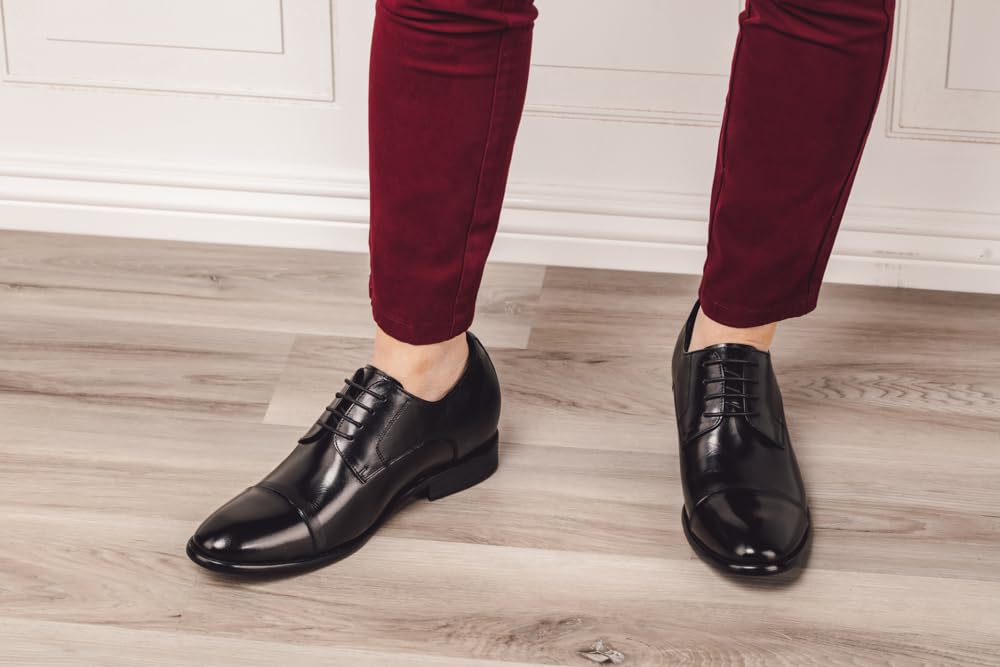 CALTO Men's Invisible Height Increasing Elevator Shoes - Black Premium Leather Lace-up Formal Oxfords - 3 Inches Taller - Y1004 - Size 7 D(M) US