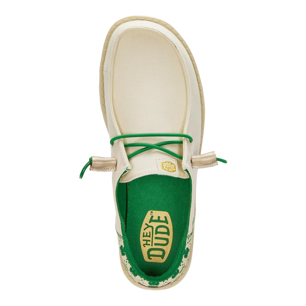 HEYDUDE Women's Wendy Luck White/Shamrock Size 5 | Women's Shoes | Women Slip-on Loafers | Comfortable & Light-Weight