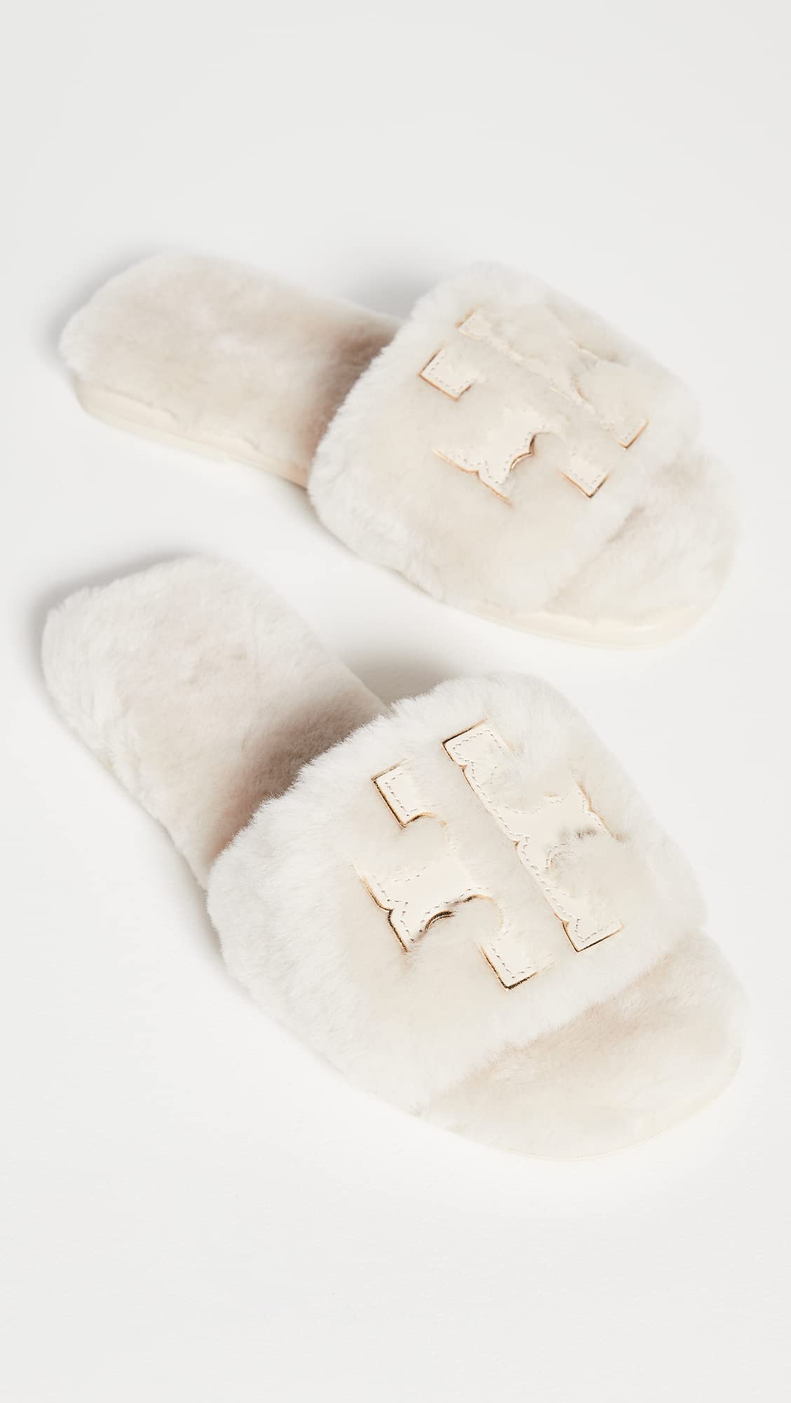 Tory Burch Women's Double T Shearling Slides, Natural/Dulce De Leche/Gold, 10 Medium US