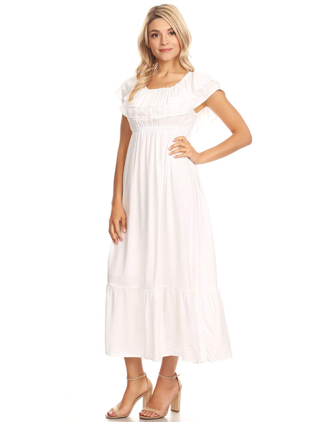 Anna-Kaci Womens Boho Peasant Ruffle Stretchy Short Sleeve Long Dress, White, X-Large