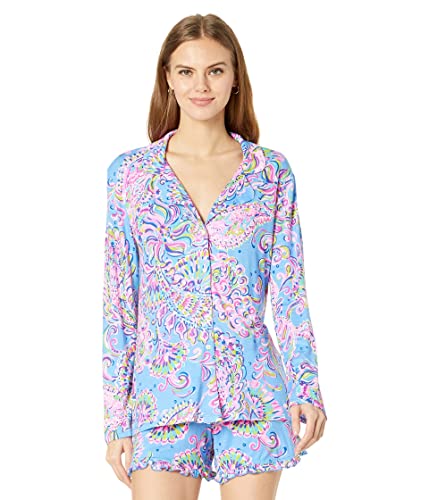 Lilly Pulitzer PJ Knit Long Sleeve Button-Up Top for Women - Rayon Blend - Button-Front Closure - Straight Fit Multi Mermaid Grotto Knit XS One Size