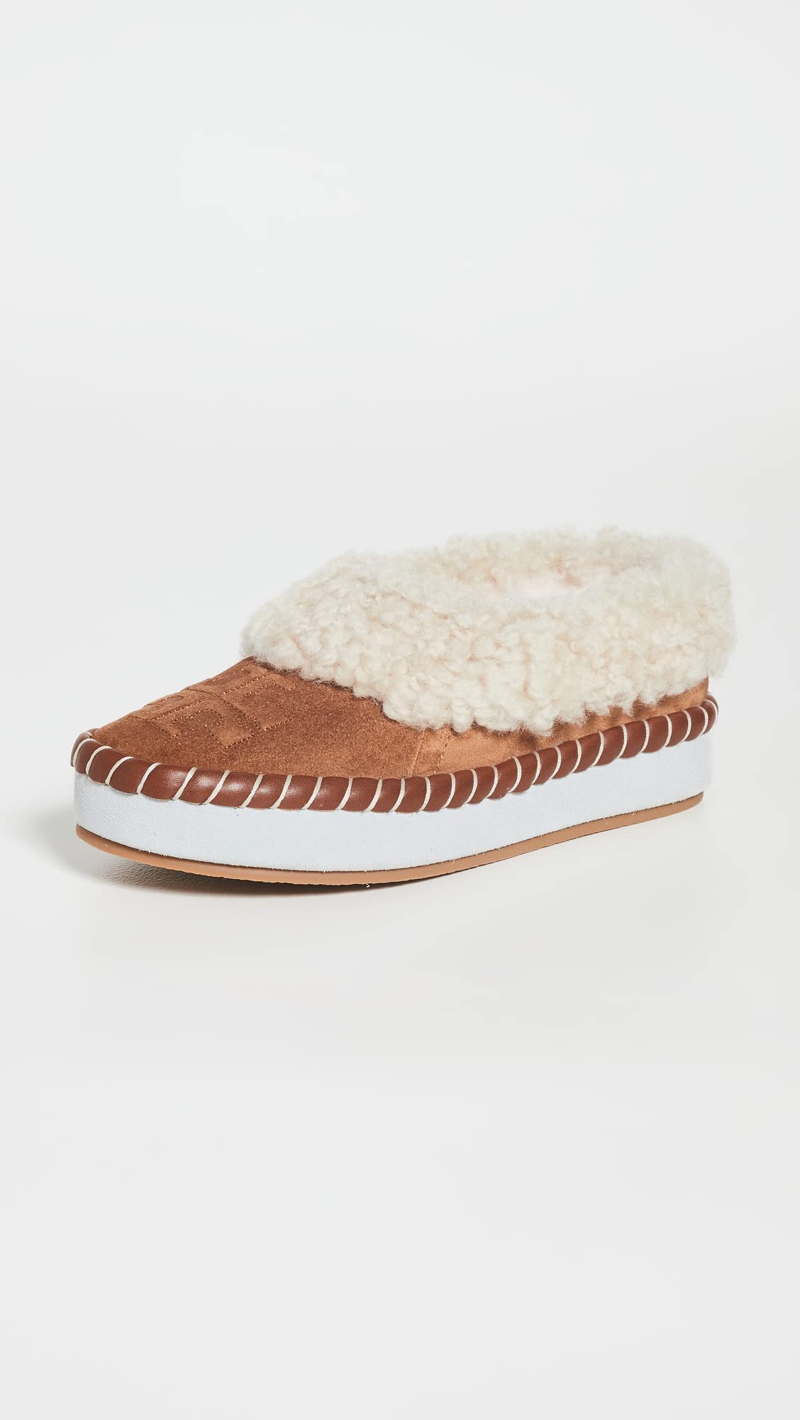 Tory Burch Women's Shearling Slippers, Toasted Caramel/Buttermilk, Brown, Off White, 7.5 Medium US