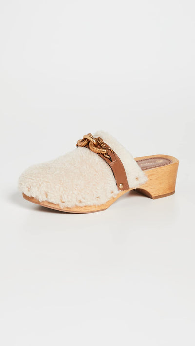 Tory Burch Women's Jessa Shearling Clogs, Buttermilk/Royal Tan, 9.5 Medium US