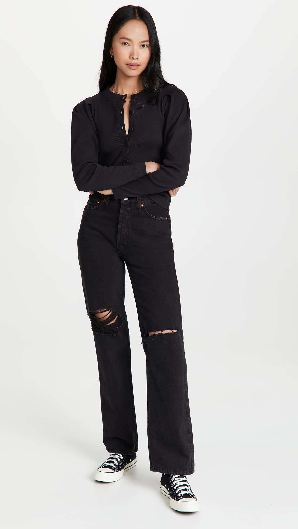 AMO Women's Puff Sleeve Cardigan, Vintage Black, XS