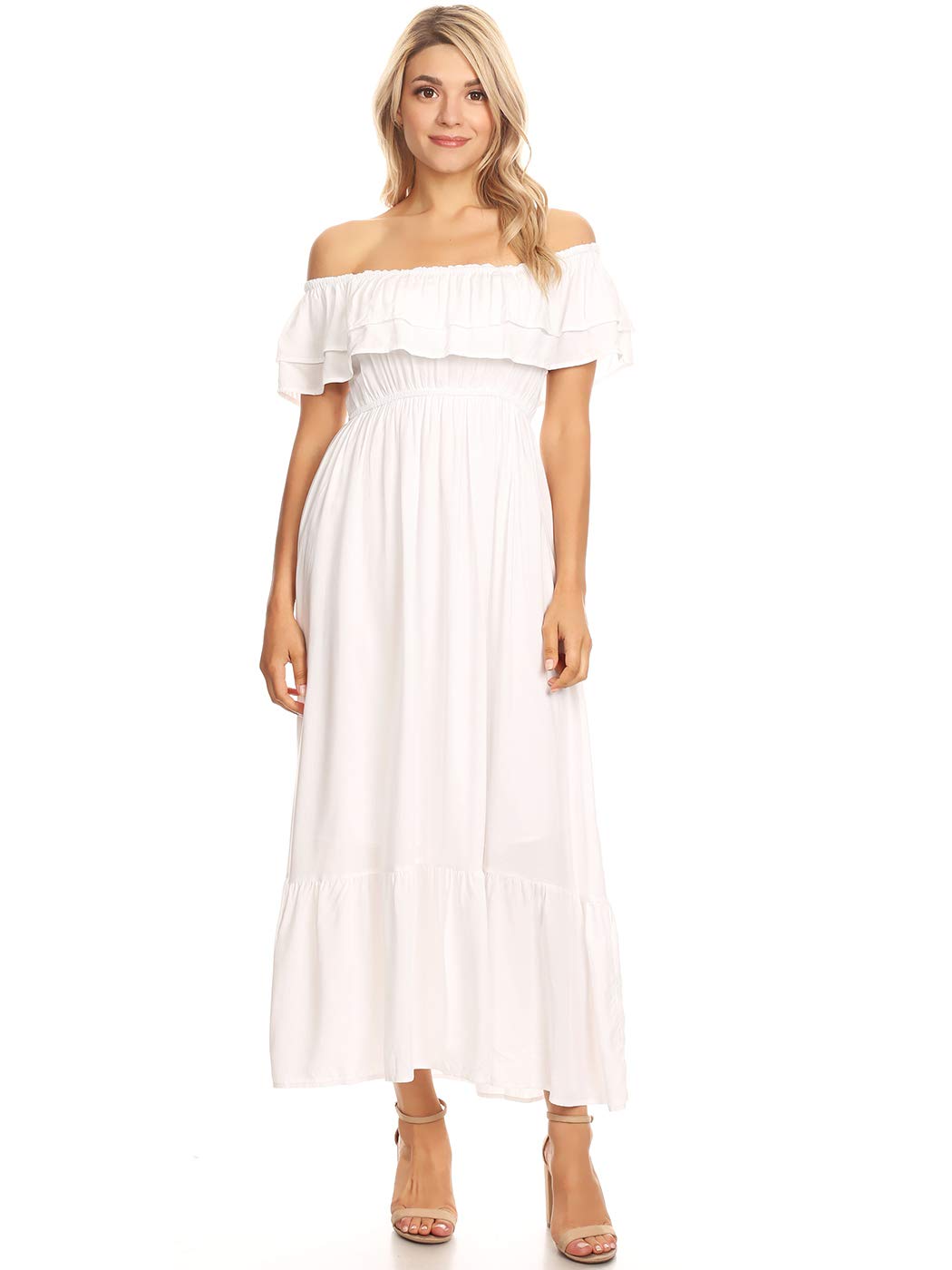 Anna-Kaci Womens Boho Peasant Ruffle Stretchy Short Sleeve Long Dress, White, X-Large