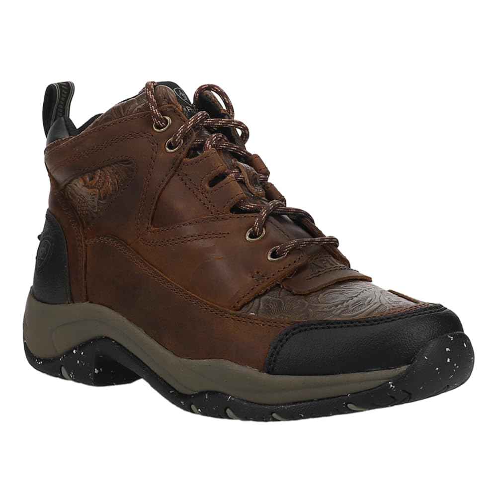 ARIAT Women's Terrain Eco Boot - Distressed Brown/Brown Floral Emboss, 8 Medium