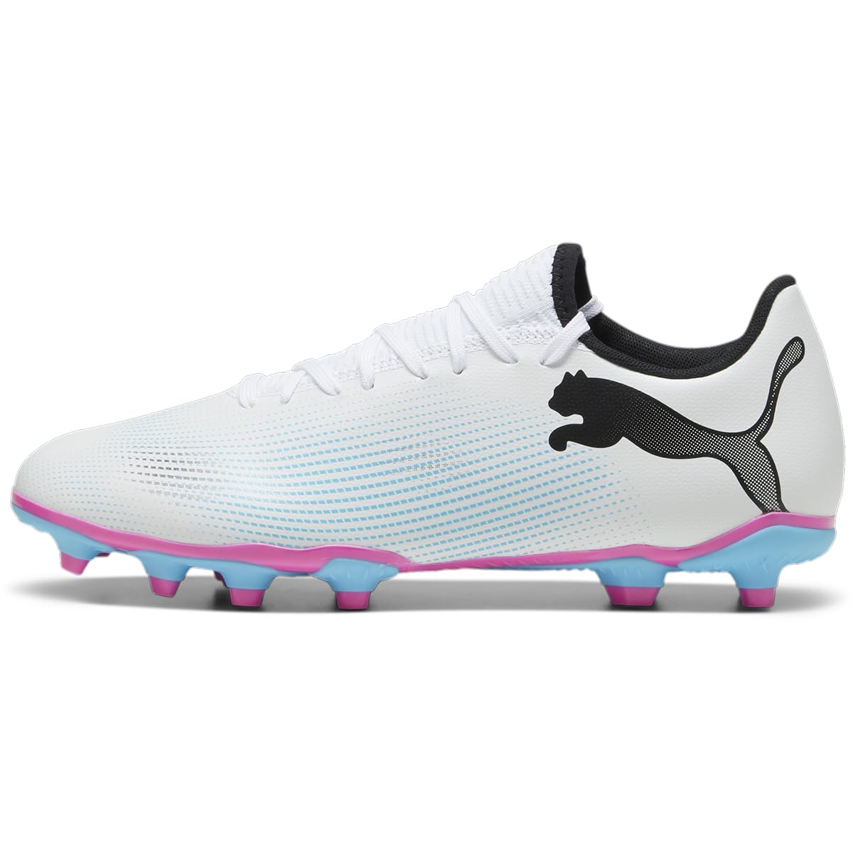 PUMA Mens Future 7 Play Firm, Artificial Ground Soccer Cleats, PUMA Mens White-PUMA Mens Black-Poison Pink, 7