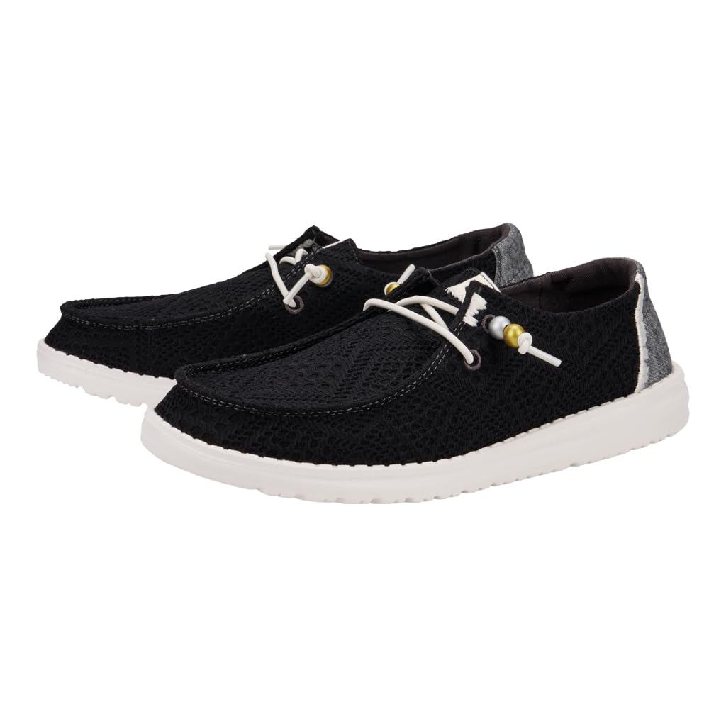 HEYDUDE Wendy Boho Crochet Loafers for Women Textile Upper & Lining Lace-up Closure Textile Outsole Black