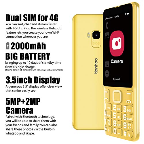TIANHOO Cell Phone for Seniors 4G/LTE Unlocked, 4G Senior Cell Phone Unlocked, Dual Card Standby, Senior Cell Phone 4g Unlocked ATT with Charging Dock Speaker (Yellow)